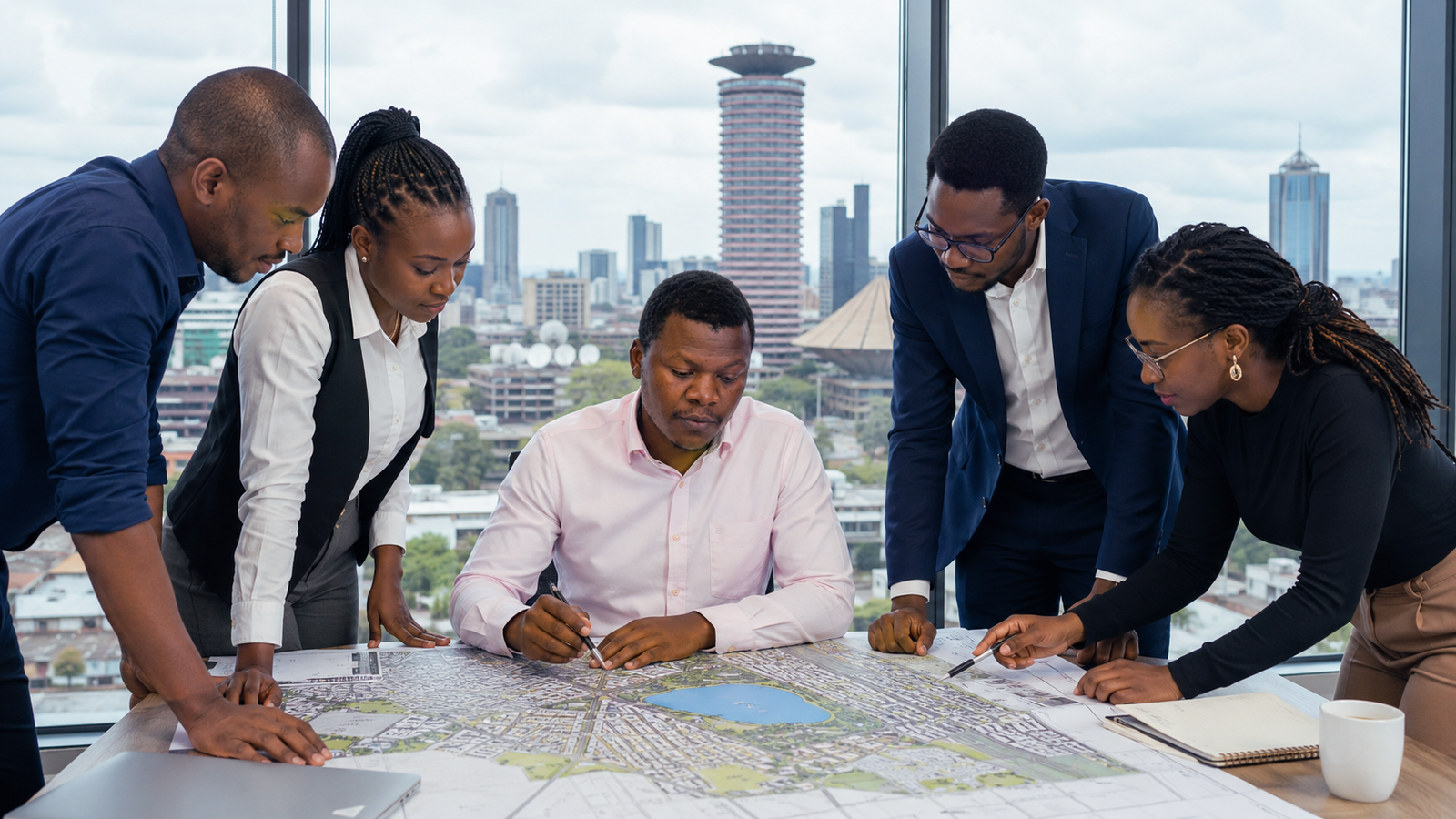 Peville Planners professionals reviewing a physical planning map